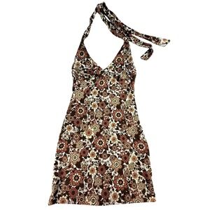 Retro Floral Halter Mini Dress Brown Orange Cream Boho Summer Y2K Size S